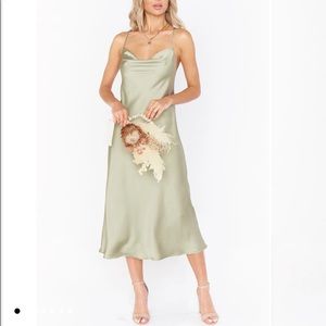 Verona Cowl Dress ~ Moss Green Luxe Satin- Show Me Your Mumu - Midi Length Dress